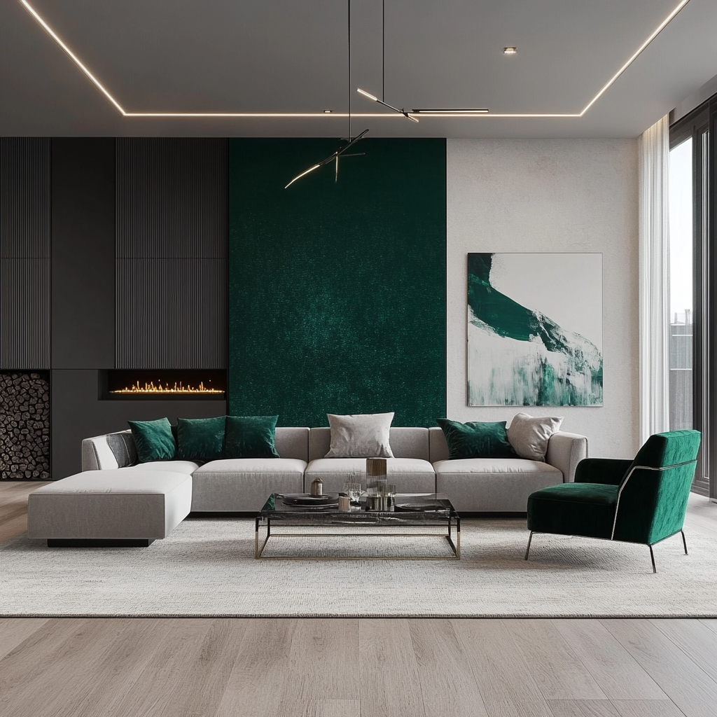 Spacious modern living room with bold emerald green and deep blue accents, featuring a gray modular sofa, green velvet chair, minimalist glass coffee table, geometric chandelier, floor-to-ceiling windows, and a wall-mounted electric fireplace.