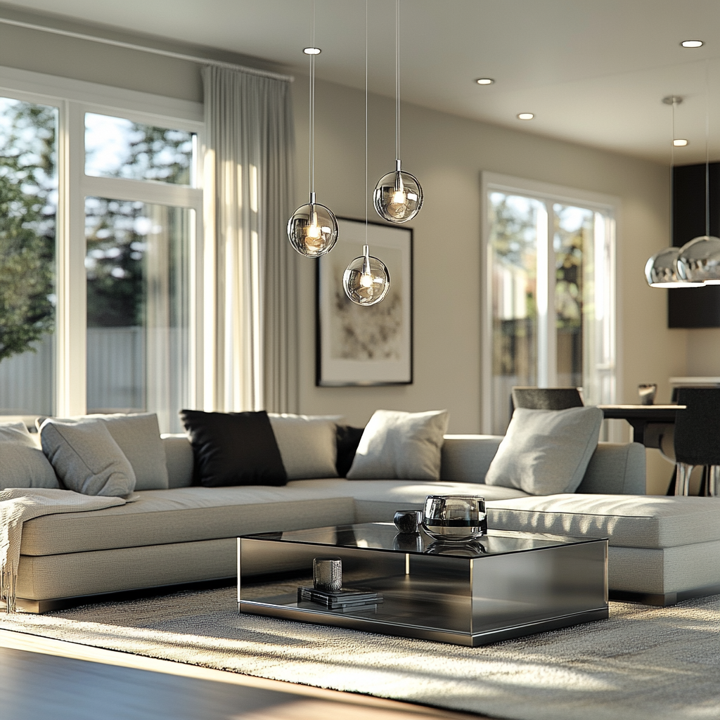 Modern living room with intelligent lighting, minimalist design in cool grays and whites, featuring a light gray sectional sofa, glass-top coffee table, matte black media console, recessed ceiling lights, designer floor lamps, large windows with sheer drapes, and a sculptural pendant light fixture above the coffee table.