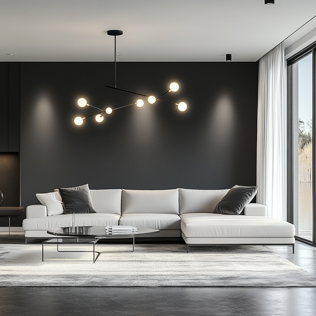 A modern living room showcasing intelligent lighting with cool grays, whites, and black accents. Features a light gray sectional sofa, glass-top coffee table, and matte black media console. The space is highlighted with recessed ceiling lights, designer floor lamps, and a sculptural pendant light above the coffee table. Large windows with sheer white drapes allow natural light, emphasizing the contemporary and minimalist ambiance.