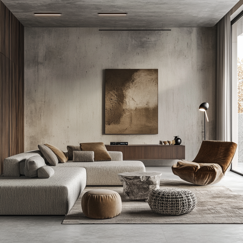 2024 modern living room with a gray sectional sofa, mid-century modern armchair with velvet cushion, abstract rug on concrete floor, natural wood accents, floor-to-ceiling windows, sculptural floor lamp, and bold contemporary art above the sofa, showcasing a minimalist style.