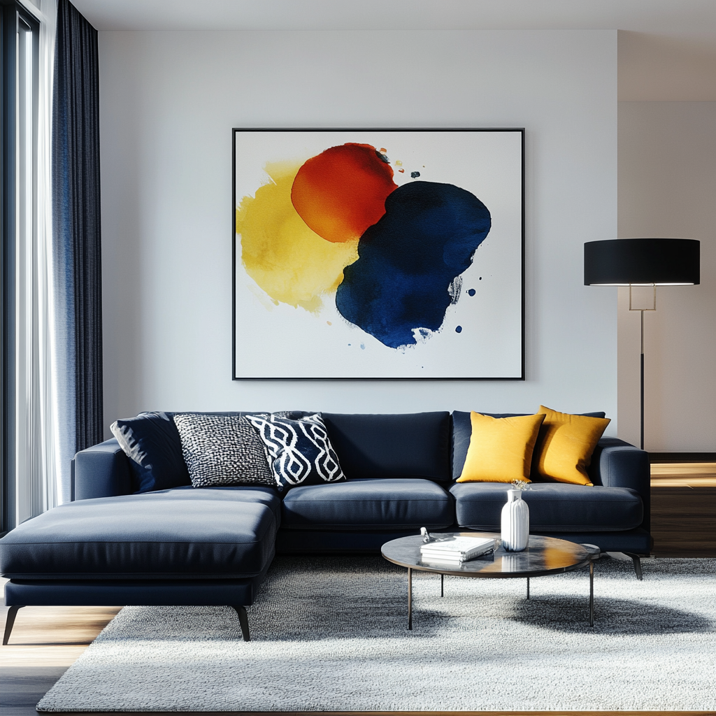 Modern living room with a navy sectional sofa, abstract art on a white wall, natural and artificial lighting, and accents of mustard yellow and teal.