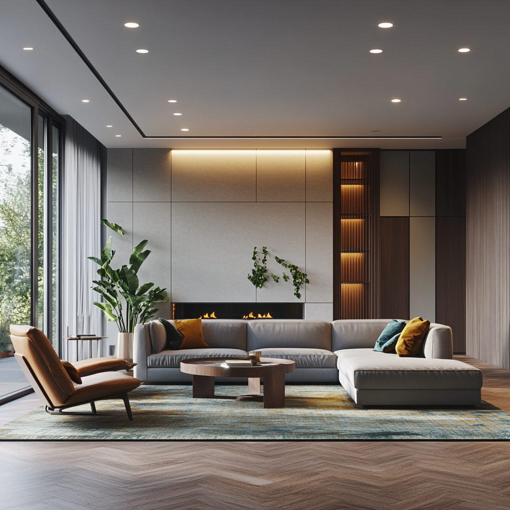 A spacious modern living room with statement lighting fixtures, including a sculptural chandelier, recessed LED strips, and wall-mounted sconces. The room features a modular sofa, mid-century modern armchairs, and a geometric coffee table, highlighted by neutral tones with accents of teal and mustard. The space is filled with natural light from floor-to-ceiling windows, complemented by textured furnishings and a herringbone-patterned wooden floor.