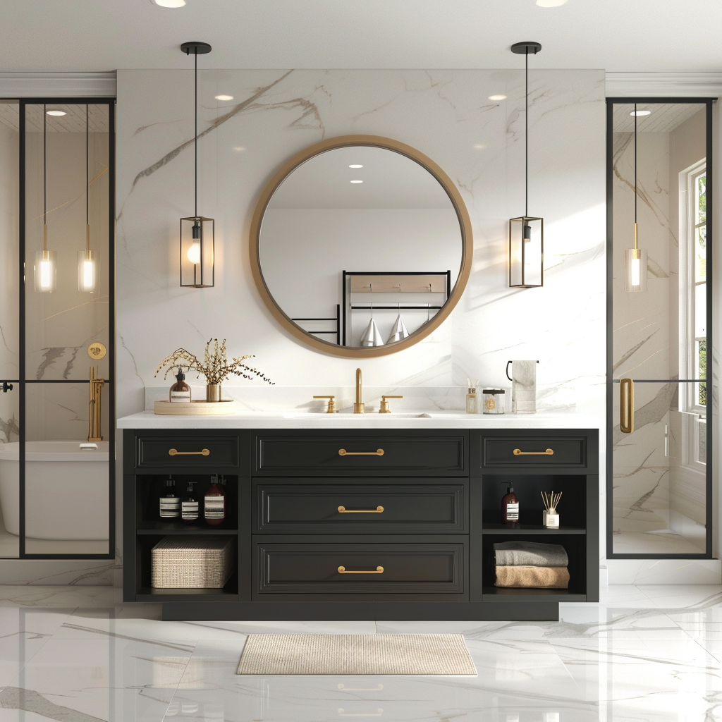 Photorealistic modern bathroom vanity with luxurious gold and matte black fixtures, floating vanity with quartz countertops, round mirror with gold frame, marble flooring, and pendant lighting.