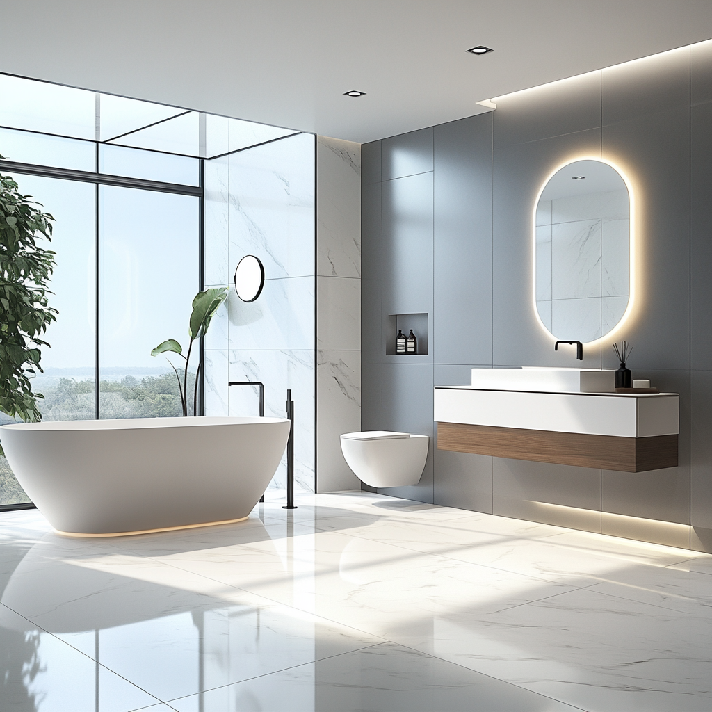 Spacious modern luxury bathroom with smart technology, featuring a floating vanity, sculptural bathtub, frameless glass shower, and wall-mounted high-tech toilet. The design includes polished porcelain tiles, matte walls, natural wood accents, and sophisticated lighting.