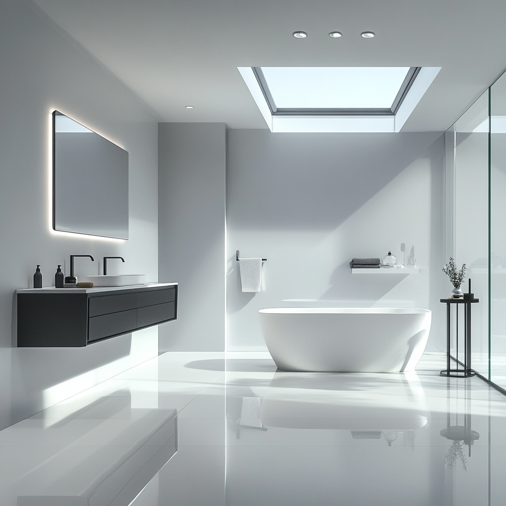 A spacious modern luxury bathroom featuring a floating vanity with a smart mirror, a sculptural bathtub with mood lighting, and a frameless glass shower enclosure under a skylight. The design includes a high-tech wall-mounted toilet, recessed LED lights, and natural wood accents, all showcased in photorealistic detail.