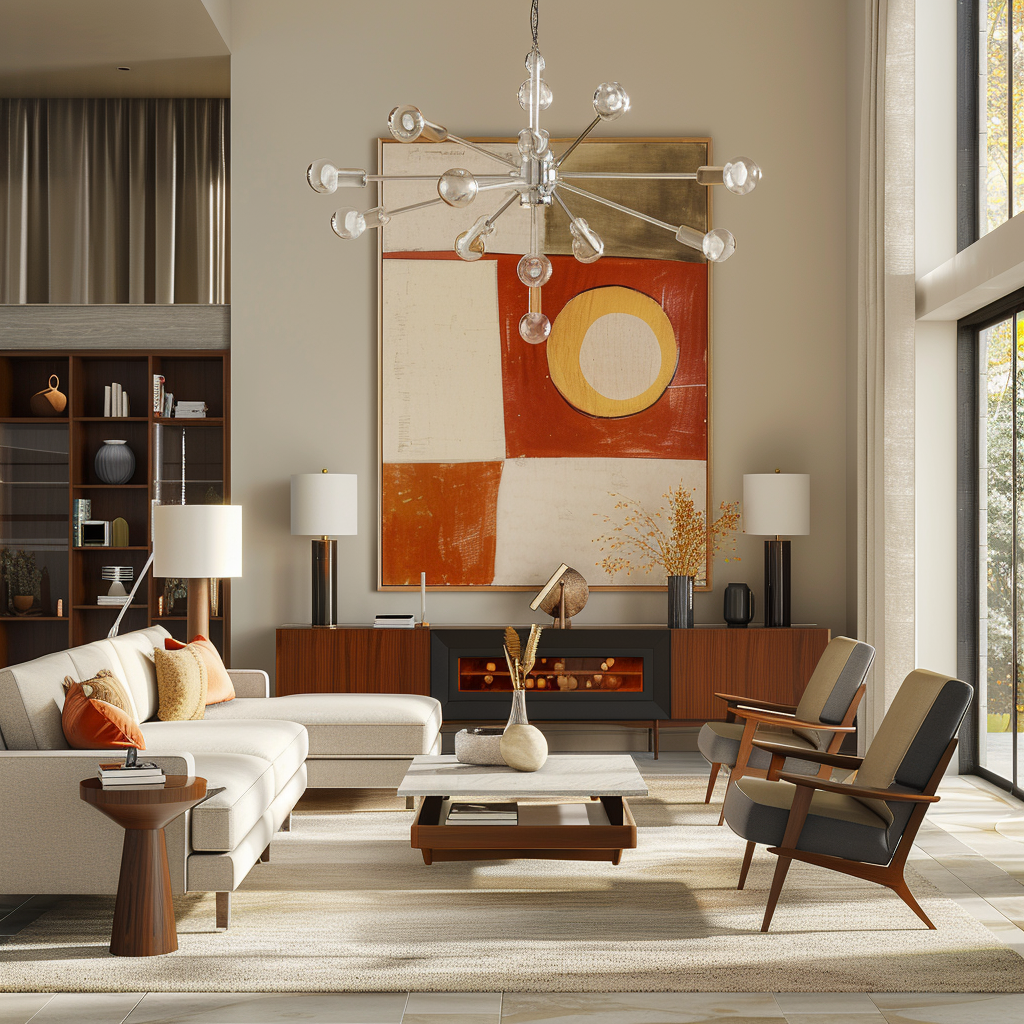 A modern mid-century living room featuring a gray sofa, Eames-style chairs, a walnut coffee table, and vibrant accent colors. Natural light filters through large windows.