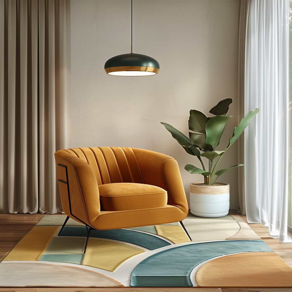 A spacious living room blending mid-century charm and modern sophistication, featuring an iconic olive green upholstered mid-century chair on a geometric patterned rug, earthy tones, modern lighting, and natural elements captured in photorealistic 8K resolution.