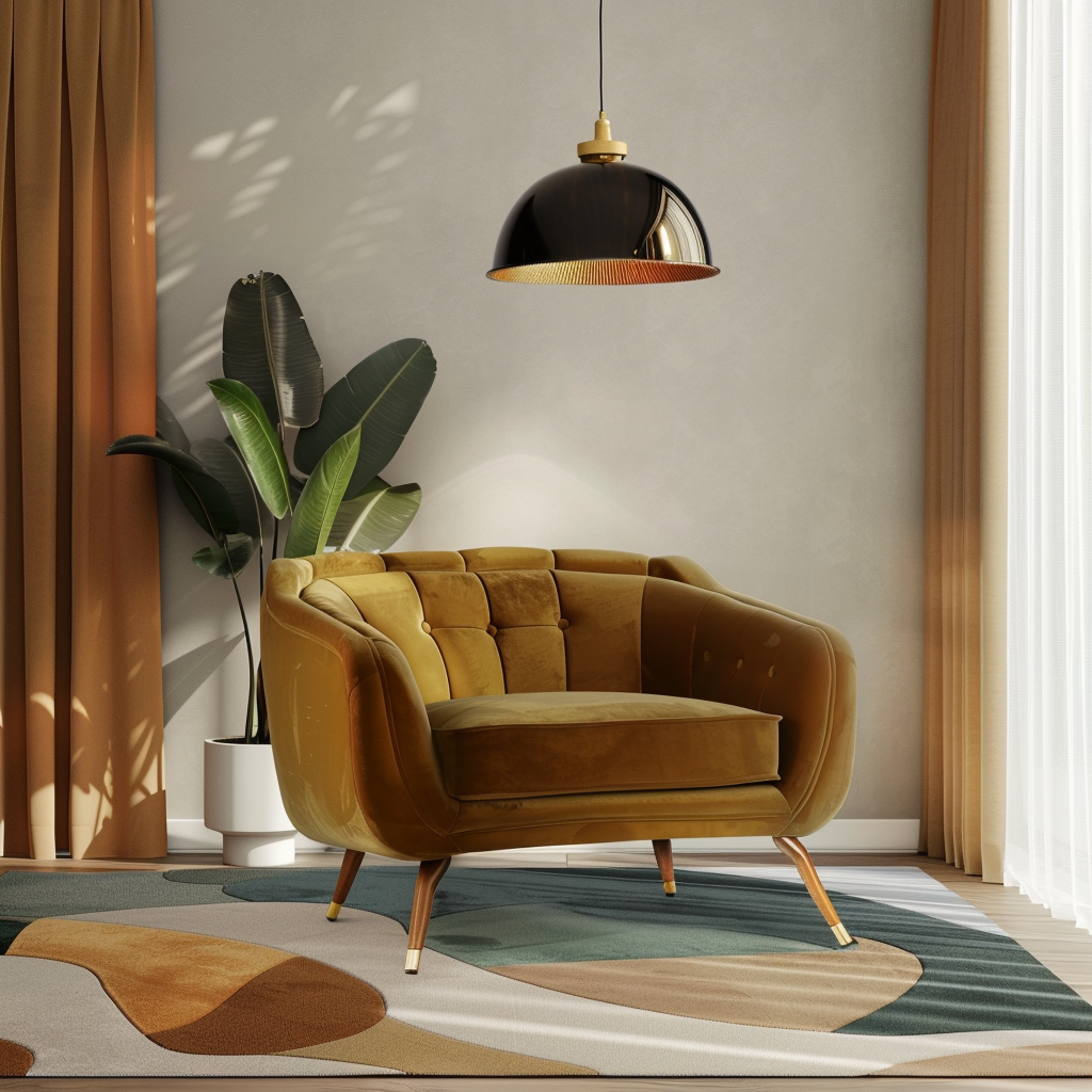 Photorealistic living room with mid-century modern design, featuring a velvety olive green chair on a geometric rug, warm ambient lighting, neutral off-white walls, and accents of mustard yellow, teal, and burnt orange. A large houseplant adds a touch of greenery.