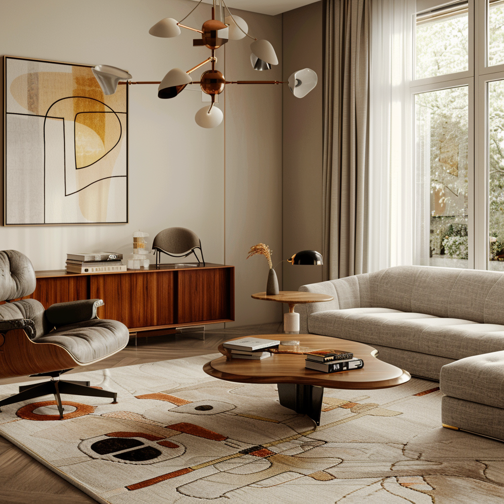 A spacious, modern mid-century living room with neutral tones and vibrant accents, featuring a gray sofa, Eames lounge chairs, walnut coffee table, abstract art, and ample natural lighting from large windows.