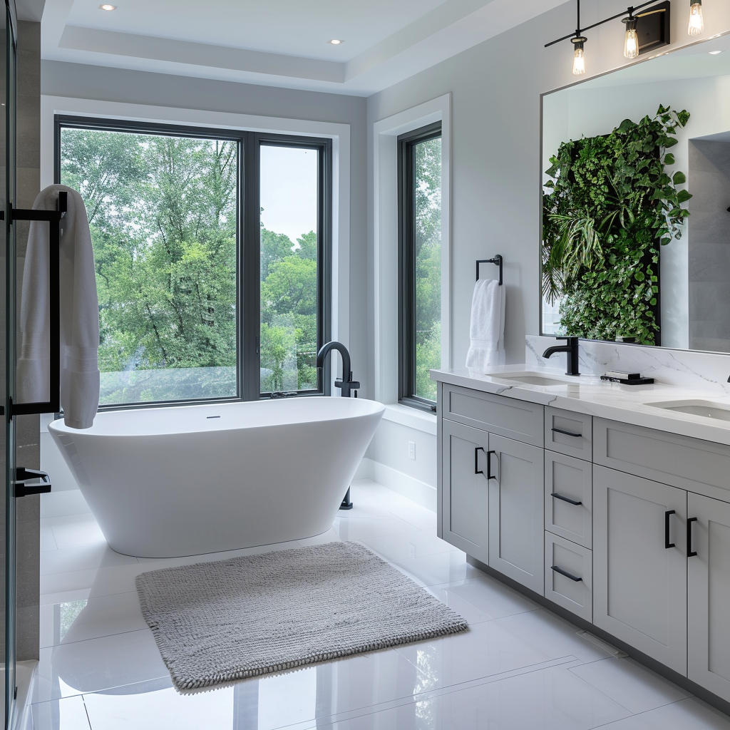 Photorealistic image of a modern minimalist bathroom with a freestanding bathtub, floating vanity, glass shower, and vertical garden wall, highlighting a blend of luxury and affordability in 8K resolution.