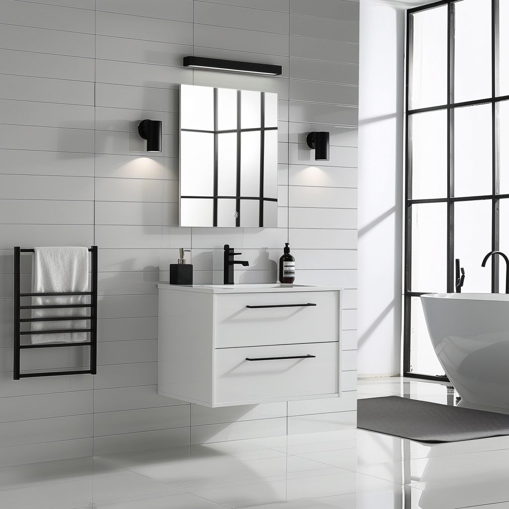 Photorealistic contemporary bathroom with a floating high-gloss white vanity, matte black handles, frameless rectangular mirror, natural and artificial lighting, minimalist design, polished white porcelain tiles, and a freestanding sculptural bathtub.