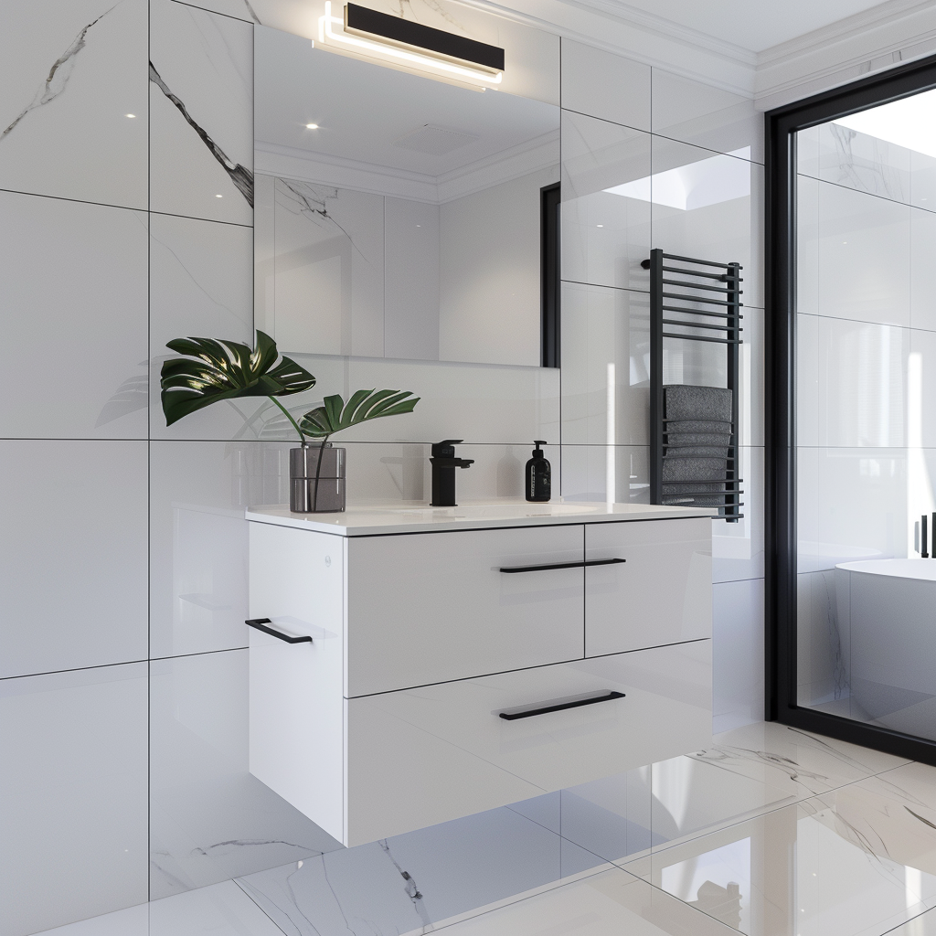 A modern minimalist bathroom featuring a floating white lacquer vanity with black handles, a frameless rectangular mirror, an integrated sink, a tall freestanding storage cabinet, and a sculptural freestanding bathtub. The room is lit by natural and artificial light with polished white porcelain floor tiles and a black textured feature wall.