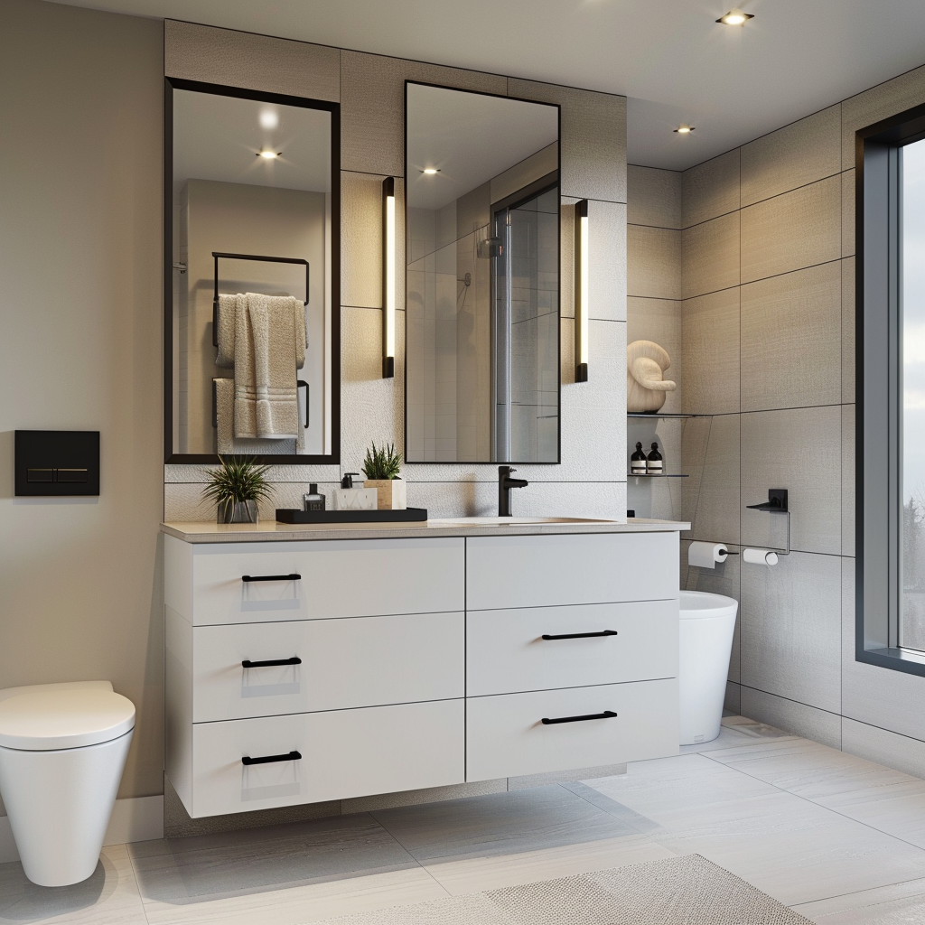 Photorealistic 8K image of a modern, minimalist bathroom with a floating vanity, integrated top-mount sink, frameless rectangular mirror, polished white porcelain floor tiles, textured matte black feature wall, frosted glass window, recessed ceiling lights, linear LED vanity light, minimalist black faucets, towel warmer, and a sculptural freestanding bathtub.