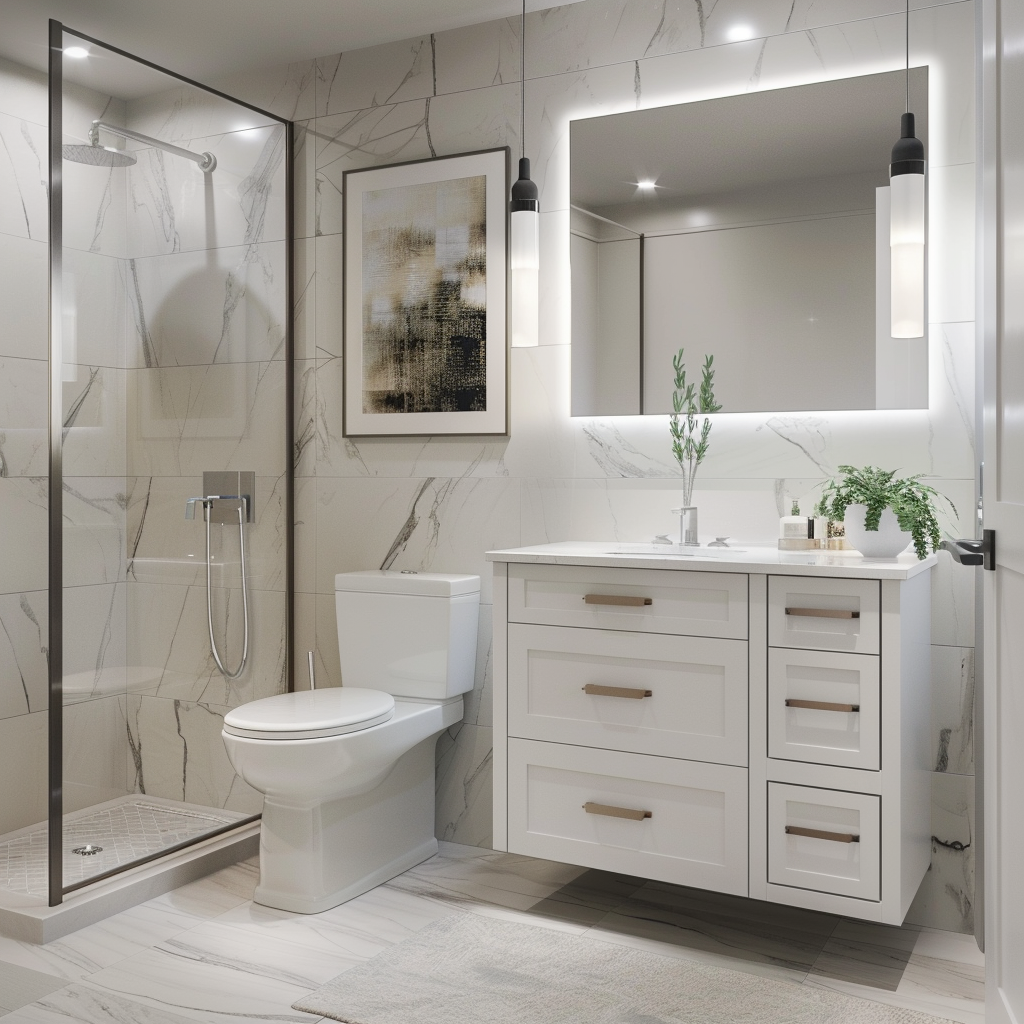 Photorealistic image of a modern minimalist small bathroom featuring a floating vanity with an integrated sink, a frameless backlit mirror, recessed LED lights, a pendant light, natural stone countertop, smooth ceramic backsplash, and wood-grain porcelain floor tiles in soft white and light gray tones with matte black and brushed gold accents.