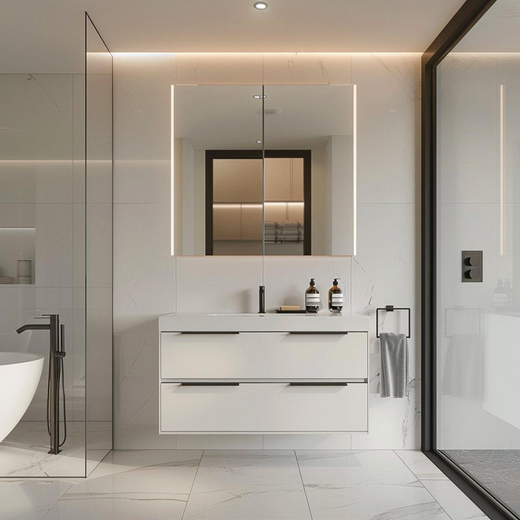 Contemporary minimalist bathroom with high-gloss floating vanity, frameless mirror, natural and artificial lighting, and a freestanding bathtub.