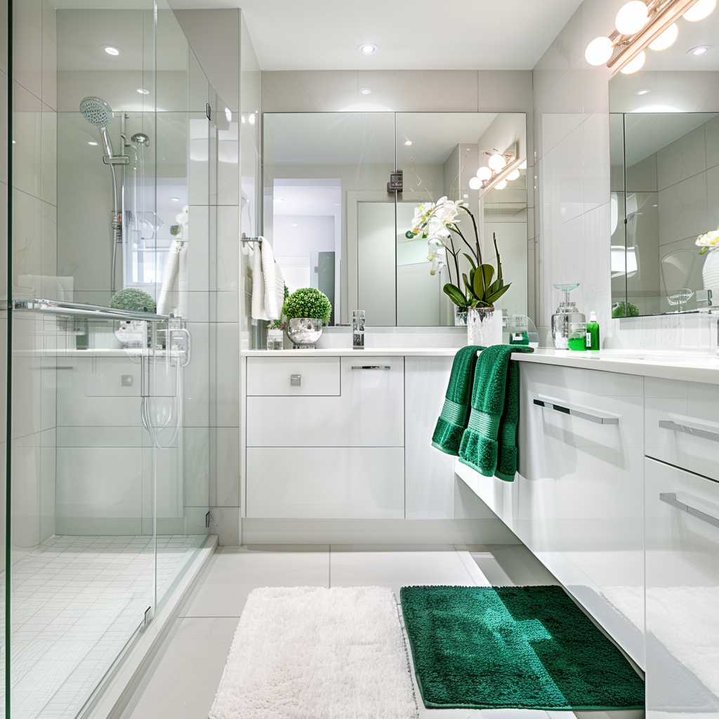 Photorealistic image of a modern, minimalist bathroom in 8K resolution. Features a sleek, white wall-mounted vanity with integrated sink, a frameless rectangular mirror, and a walk-in shower with a glass enclosure. The color palette includes soft white, cool gray, and accents of polished chrome and emerald green. The lighting is natural from a frosted glass window and recessed LED downlights. Accessories such as chrome soap dispenser, toothbrush holder, and a potted orchid add luxury touches.