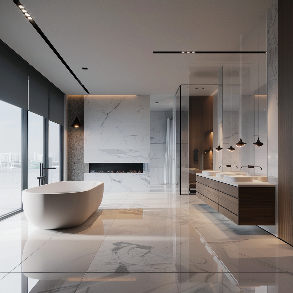 Luxurious modern minimalist bathroom with floating dark wood vanity, central freestanding sculptural bathtub, integrated fireplace, large frosted windows, and a frameless glass walk-in shower with a custom mosaic tile feature wall in 8K resolution.