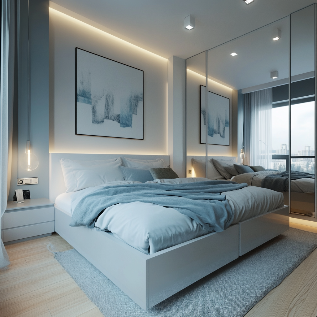 Modern minimalist bedroom in a small apartment with a king-size bed featuring built-in storage, white glossy nightstands, multifunctional azure blue ottomans, floor-to-ceiling windows with sheer white curtains, and a built-in shelf above the bed, captured in 8K resolution.