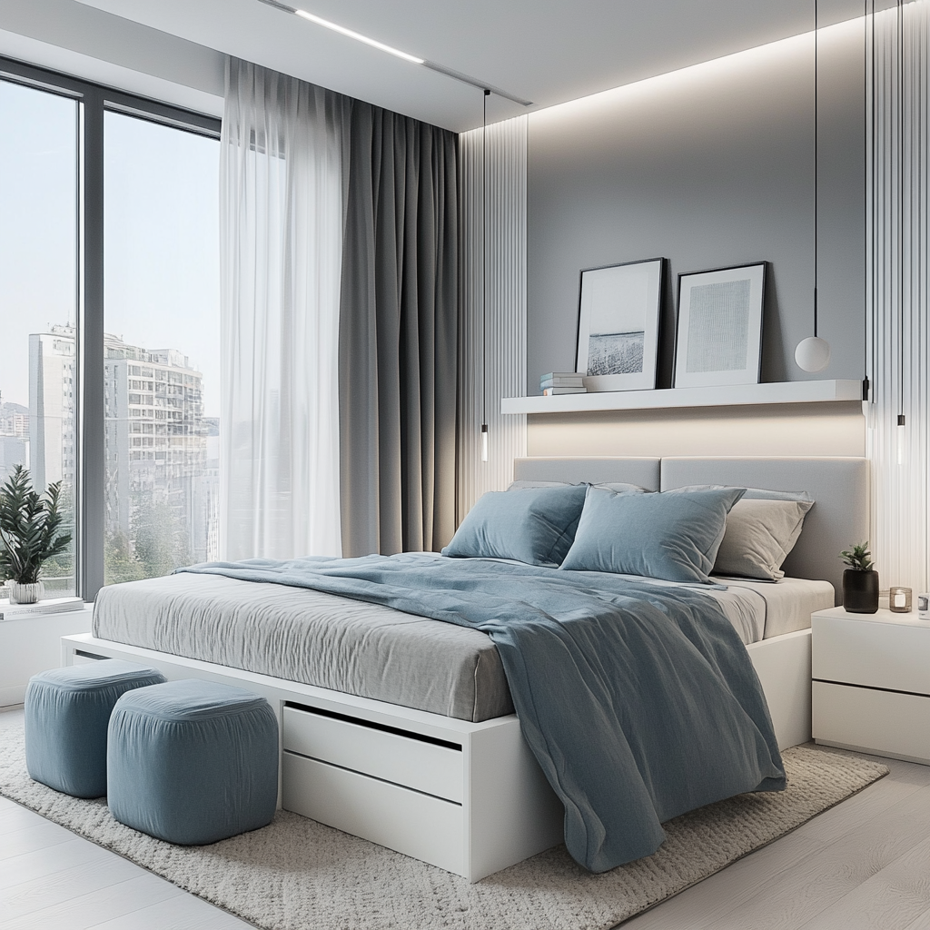 Photorealistic image of a modern minimalist bedroom with a king-size bed with built-in storage, white nightstands, azure blue ottomans, and large floor-to-ceiling windows with sheer white curtains, showcasing a sleek and functional design for a small apartment.