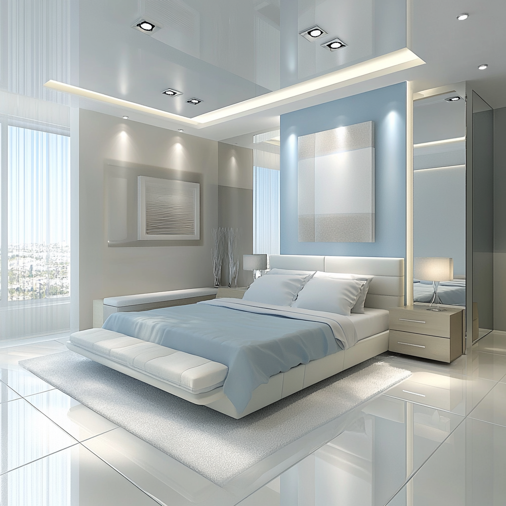 Modern minimalist bedroom in a small apartment featuring a queen-sized bed with built-in storage, floating nightstands, a sleek loveseat, and ample natural and artificial lighting. The color scheme includes soft whites, pale blues, and subtle grey and silver accents.