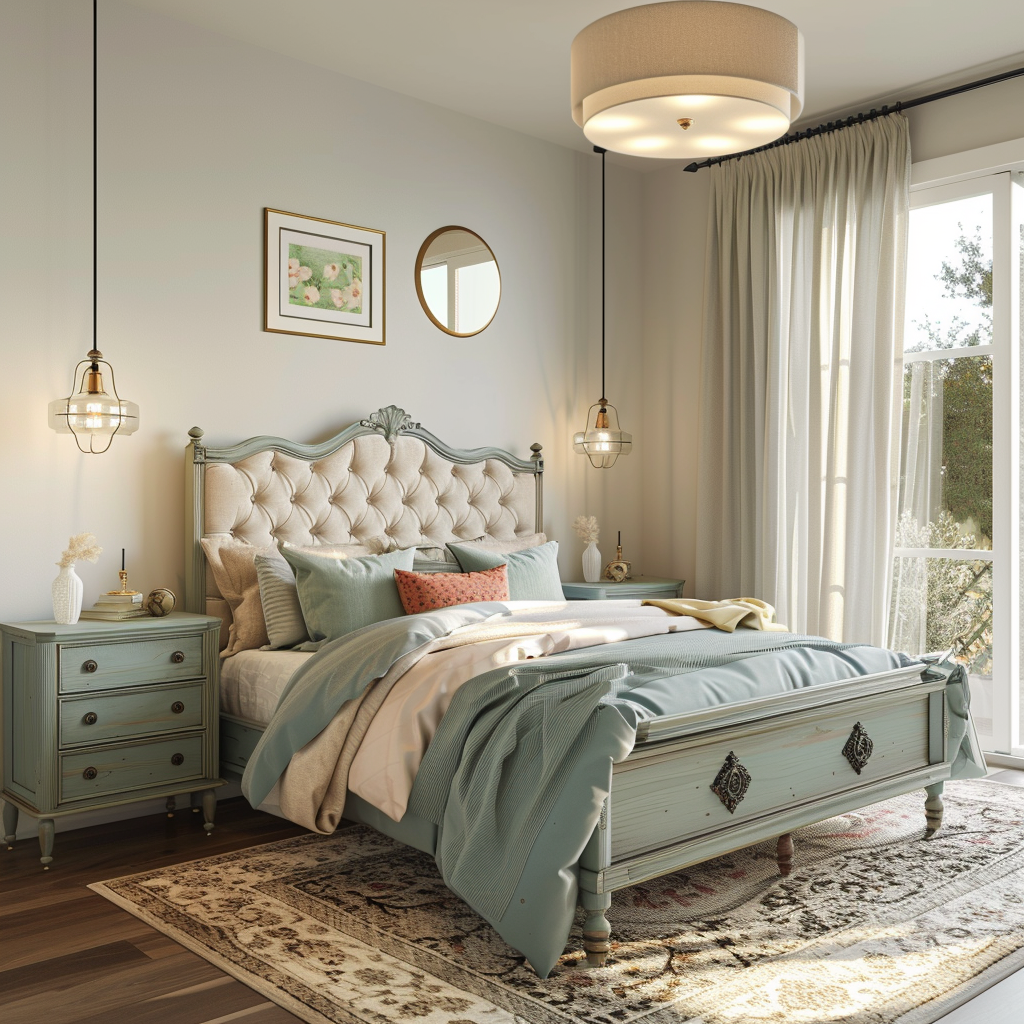 Photorealistic image of a modern minimalist bedroom featuring a vintage wooden bed frame with an upholstered headboard, mismatched nightstands, and a refurbished dresser with a round mirror. The room is in soft pastel colors, lit by natural light from large windows with sheer curtains, and accented by minimalist pendant lights.