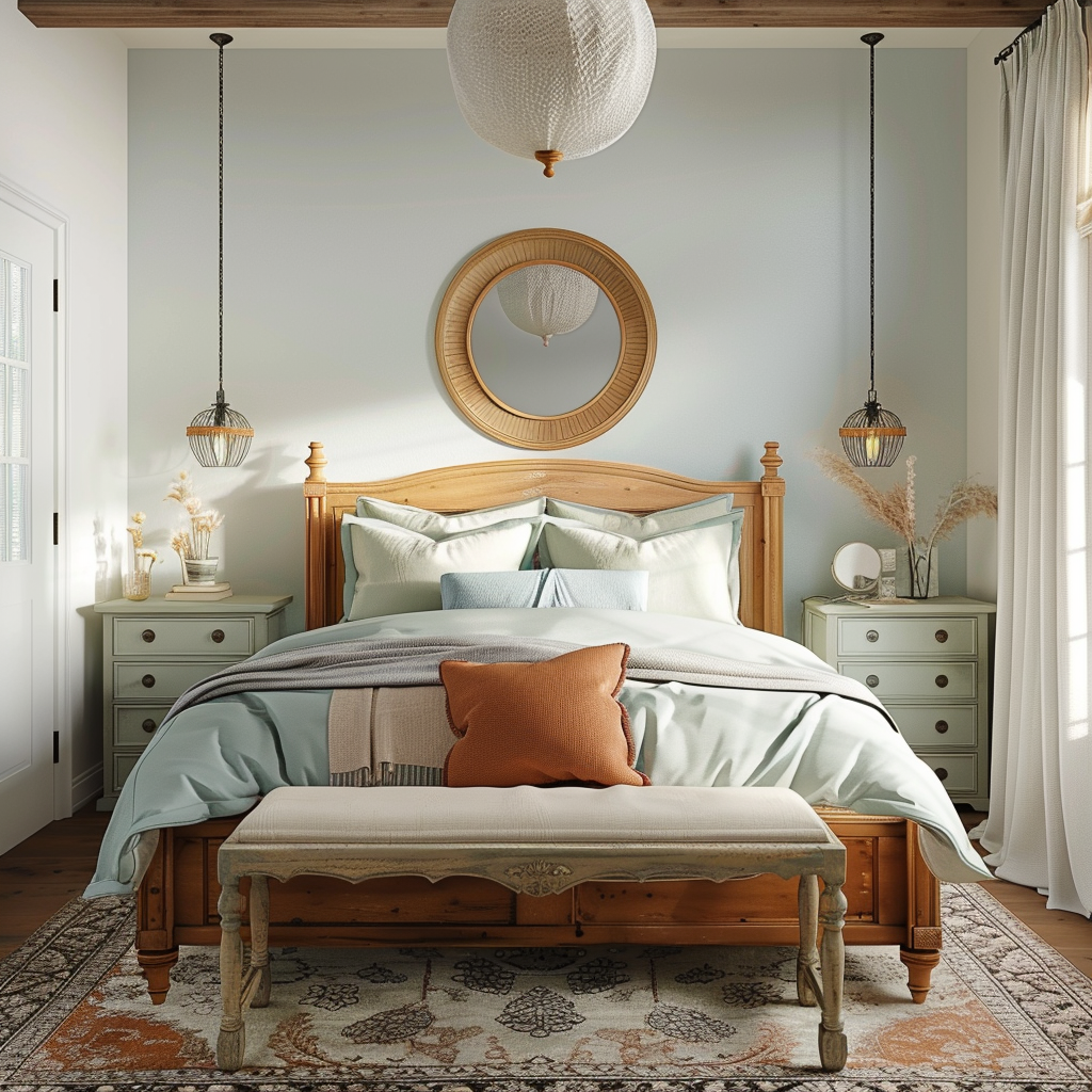 Photorealistic image of a modern minimalist bedroom with refinished thrift store furniture in soft pastel colors. The central wooden bed frame is flanked by mismatched nightstands, and a refurbished dresser with a large round mirror stands to the side. Natural light floods the room through large windows with sheer white curtains, enhanced by minimalist pendant lights. Textures of distressed wood, soft linens, and a plush area rug add warmth, while a gallery wall of framed artwork above the bed completes the look.