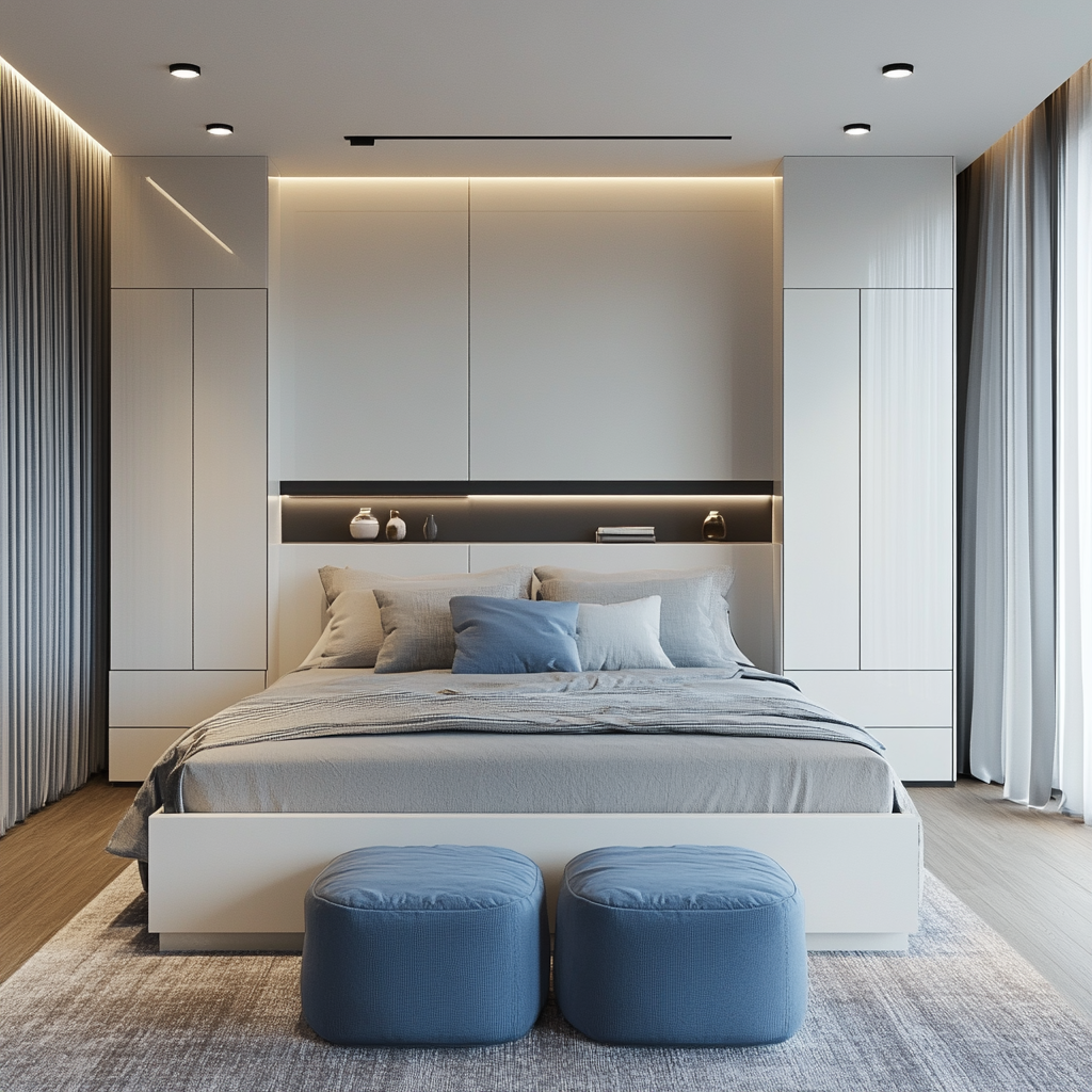 Photorealistic interior of a modern minimalist bedroom in a small apartment, featuring a king-size bed with built-in storage drawers, matching nightstands, azure blue ottomans, floor-to-ceiling windows with sheer curtains, recessed ceiling lights, bedside lamps, and a built-in shelf above the bed.