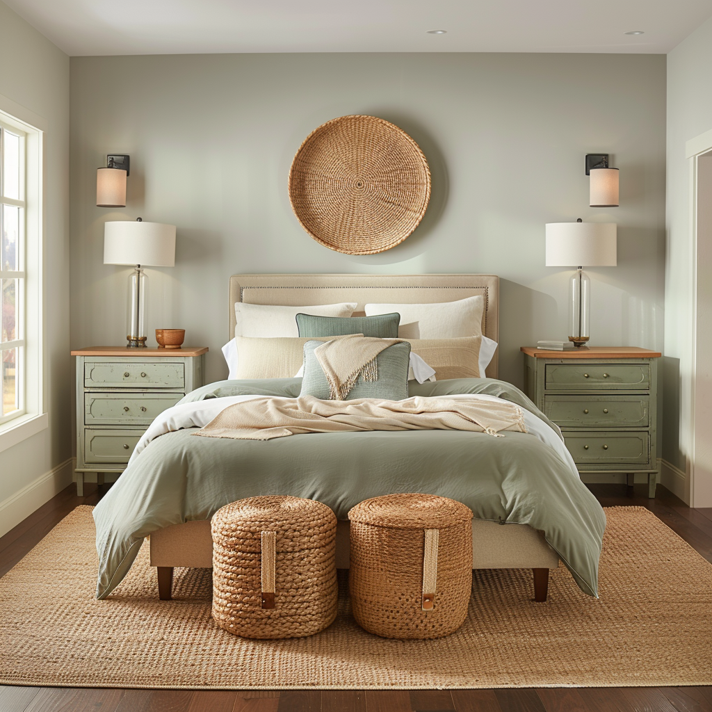 A modern minimalist bedroom with taupe, terracotta, and sage green accents, featuring a platform bed, upcycled nightstands, a vintage dresser, large windows, LED sconces, and a mix of soft textiles and metal finishes, captured in high-resolution photography.