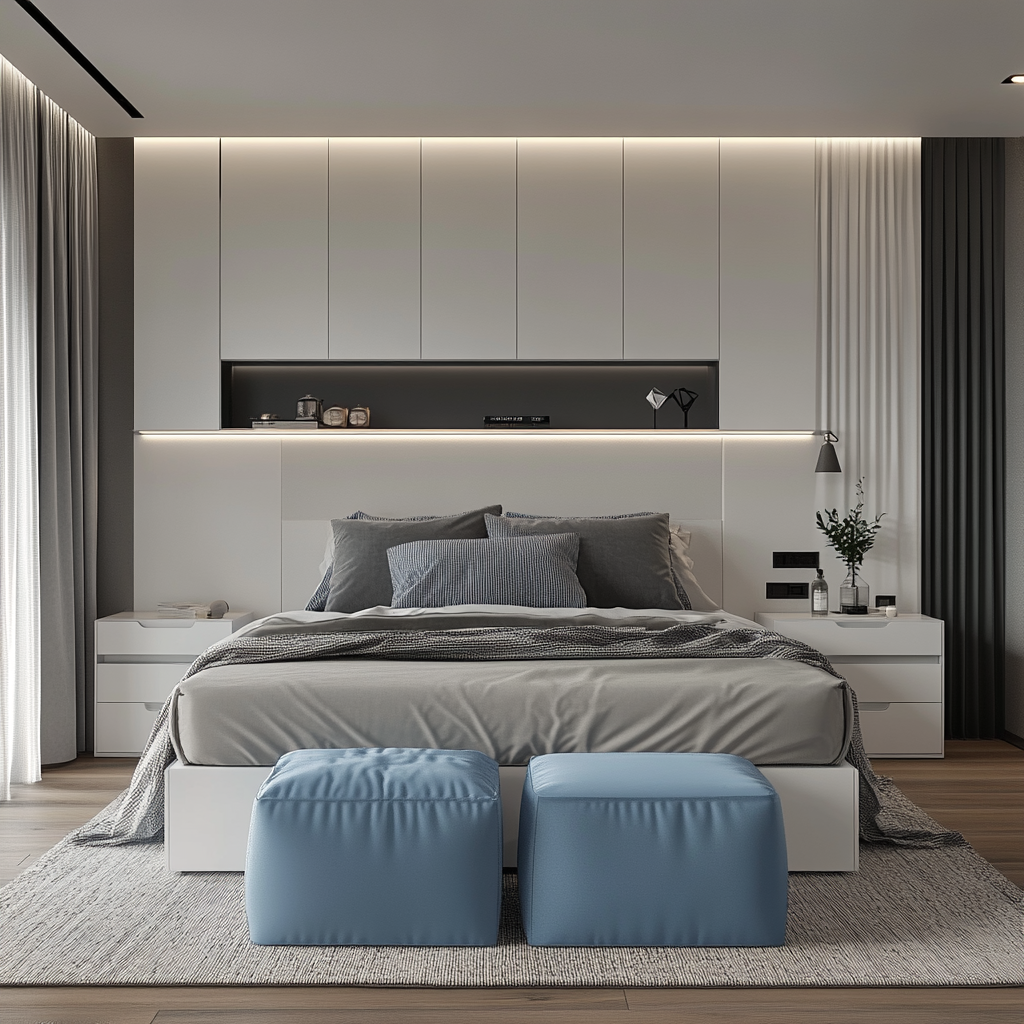 Modern minimalist bedroom for a couple in a small apartment, featuring a king-size bed with built-in storage, matching nightstands, azure blue ottomans with hidden compartments, large windows with sheer curtains, recessed ceiling lights, dimmable bedside lamps, a plush rug, soft bedding, and a built-in shelf above the bed. The room is designed in soothing soft grays and whites with azure blue accents and captured in 8K resolution.