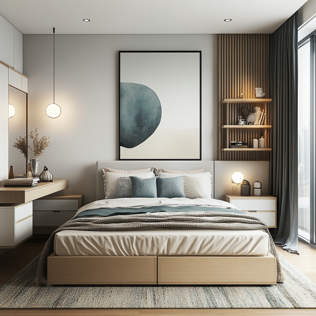 Photorealistic 8K image of a modern minimalist bedroom with a queen-sized bed, floating desk, open shelving, large frameless mirror, and natural light from a window. Room features a white and grey color palette with blue and green accents.