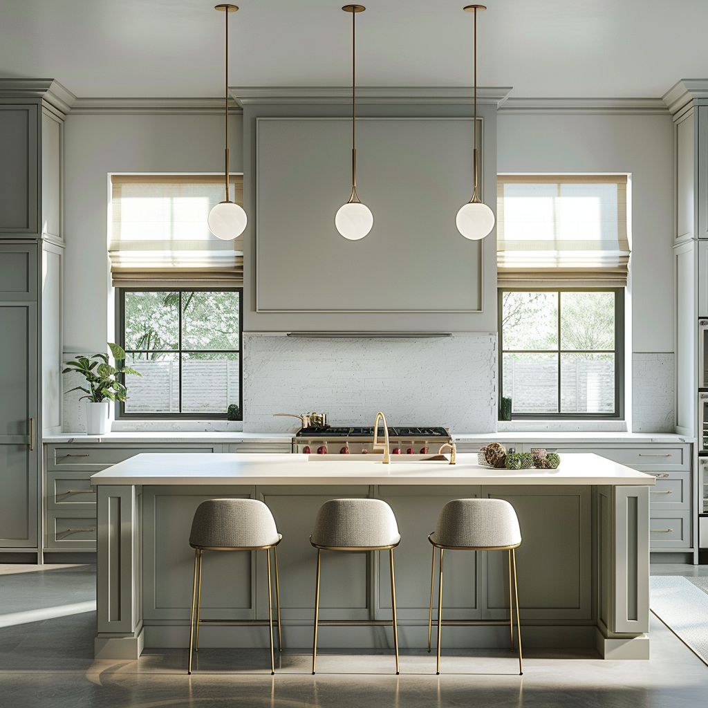 A photorealistic image of a modern, minimalist kitchen designed for 2024, showcasing neutral tones, clean lines, and functional features such as a central island, sculptural pendant lights, frameless windows with gray drapes, and a smart glass-fronted refrigerator.