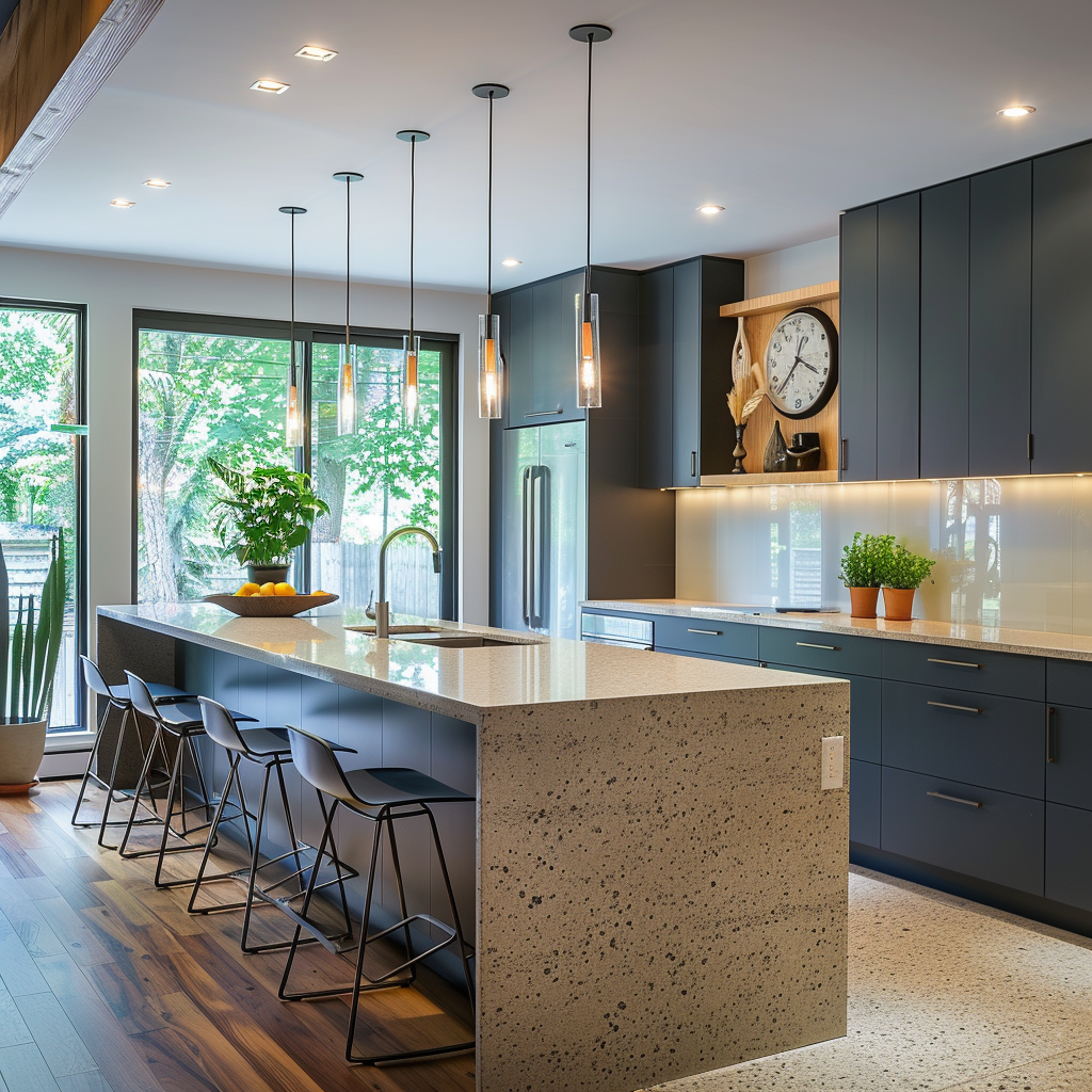 Modern minimalist kitchen with charcoal gray cabinetry, cork floors, white quartz island, pendant lights, floor-to-ceiling windows, and eco-friendly materials.