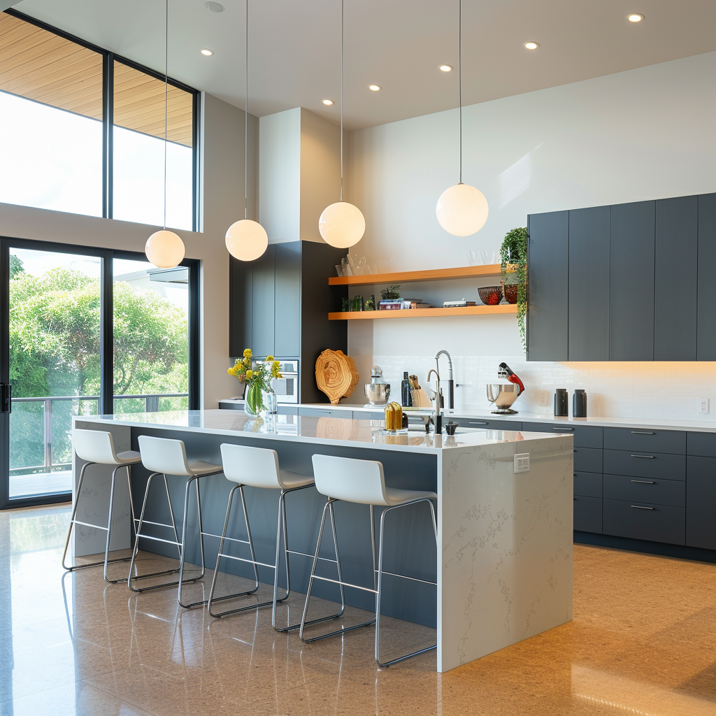 A modern, minimalist kitchen with charcoal gray cabinetry, natural cork floors, and a white quartz countertop island. The space features brushed aluminum accents, crisp white walls, frosted glass pendant lights, recessed LED fixtures, and large floor-to-ceiling windows. Reclaimed wood shelving, recycled glass backsplashes, and indoor plants add sustainability, all rendered in photorealistic 8K quality.