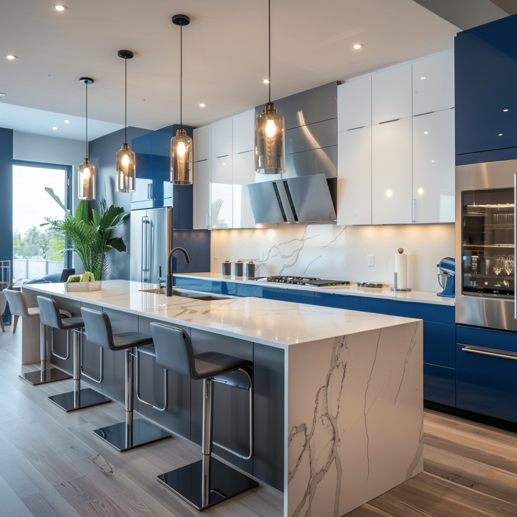 Modern kitchen with white and cool gray palette featuring a quartz countertop island, integrated smart appliances, a smart refrigerator with a transparent glass door, pendant lights, and large windows allowing natural light.