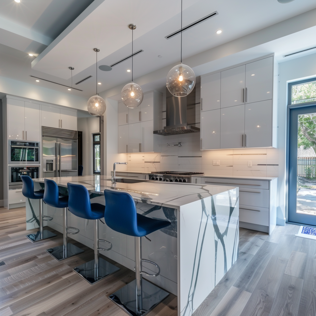 A modern kitchen with smart appliances, a large quartz island, pendant lights, floor-to-ceiling windows, and a smart refrigerator with a transparent glass door.