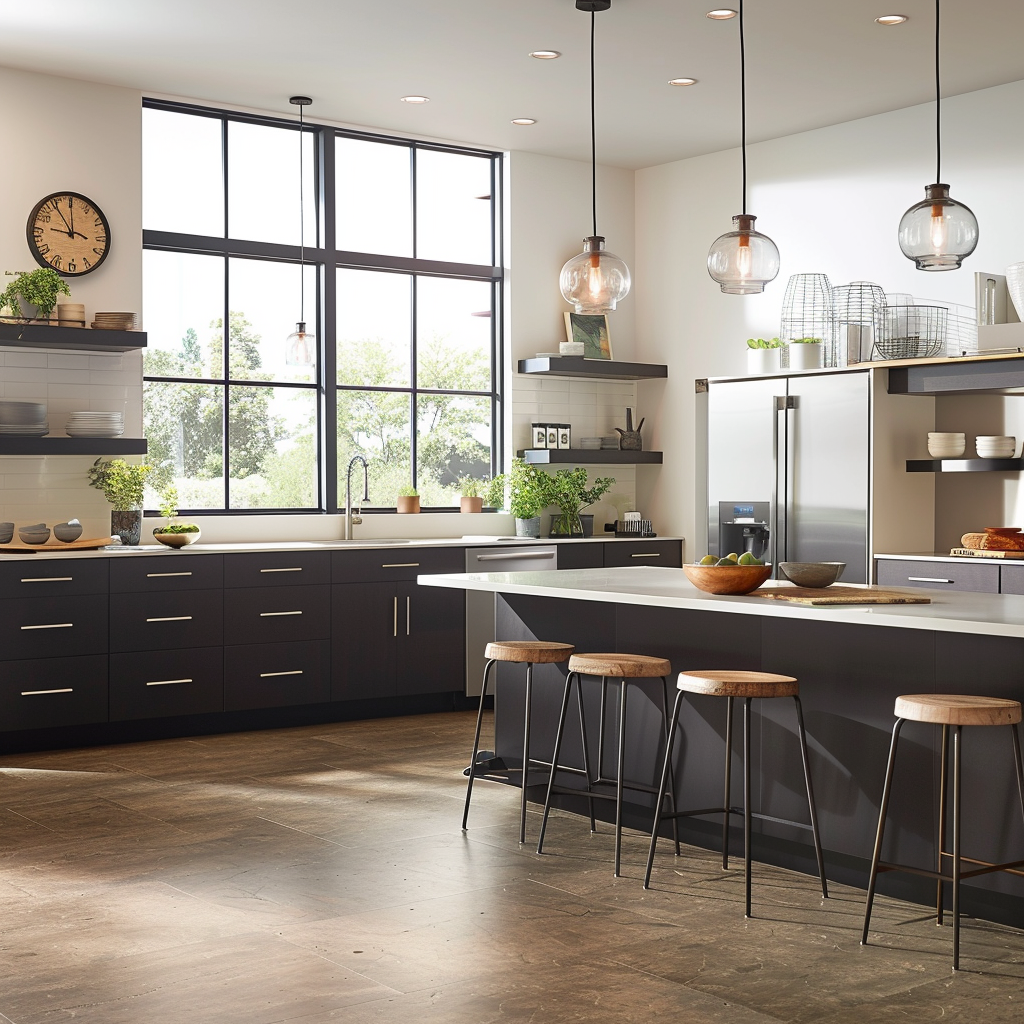 Modern minimalist kitchen with charcoal gray cabinetry, natural cork floors, white quartz countertops, frosted glass pendant lights, and floor-to-ceiling windows, captured in 8K resolution.