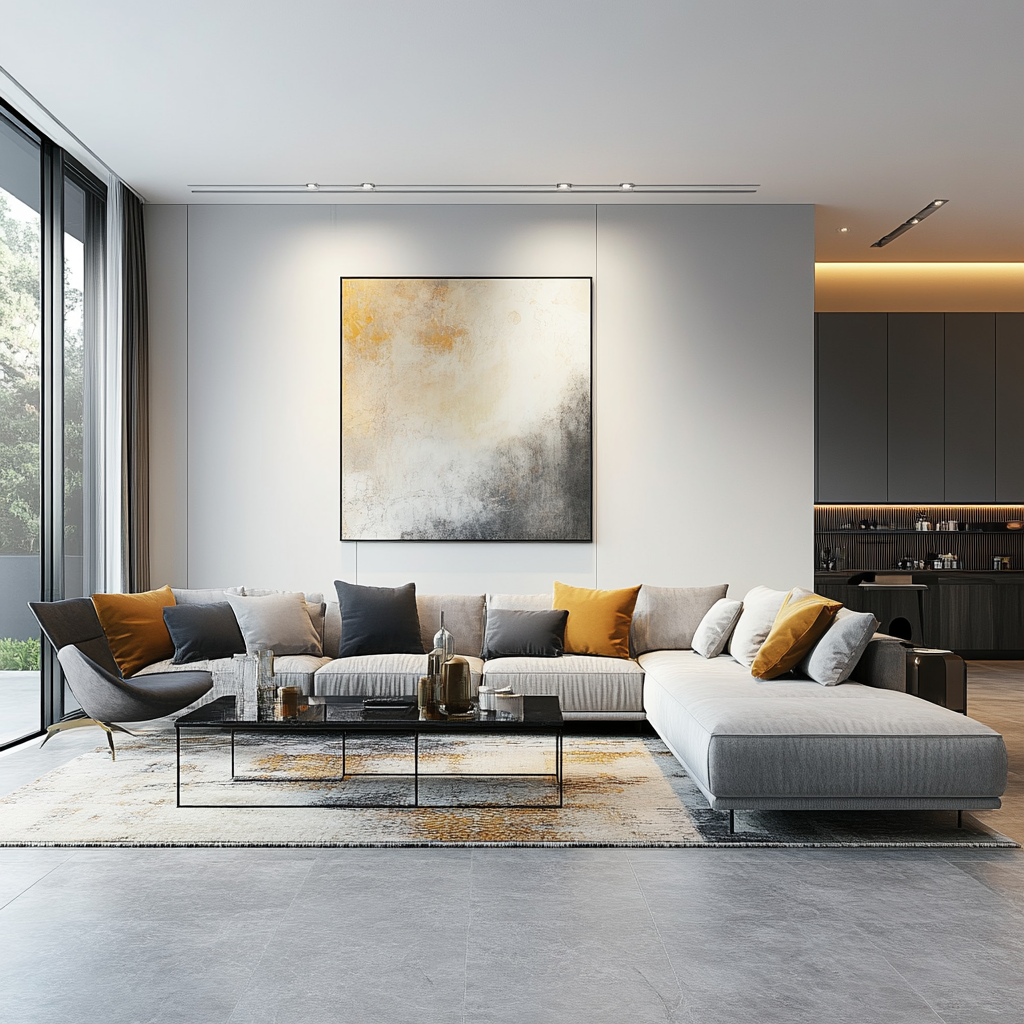 Spacious modern living room with cool gray and white color palette, featuring a neutral low-profile sectional sofa, geometric glass coffee table, and minimalist side chairs. The room is illuminated by natural light from floor-to-ceiling windows and modern light fixtures, with polished concrete floors, a plush area rug, and chrome accents. A large abstract wall art piece is above a sleek fireplace.