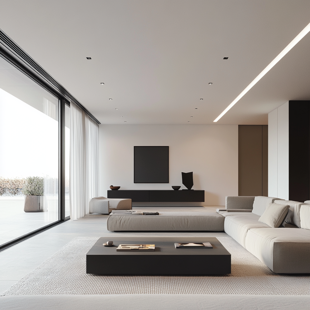 Photorealistic 8K image of a modern minimalist living room with a soft matte white color scheme, light gray modular sofa, sleek black media console, matte black coffee table, and floor-to-ceiling windows with white drapery. The room features natural light, dimmable recessed lights, a black abstract sculpture, and monochrome architectural prints.