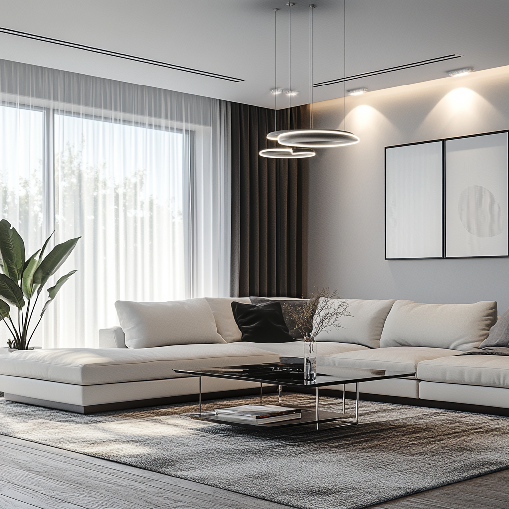 Modern living room with cool gray and white palette, sleek lighting fixtures, light gray sectional sofa, glass-top coffee table, matte black media console, large windows with sheer white drapes, and a sculptural pendant light fixture above the coffee table. Photographed in 8K resolution.