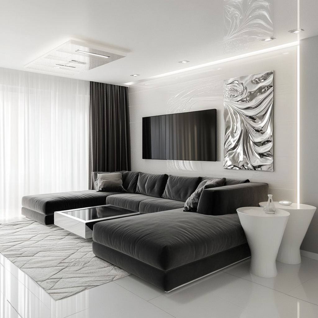 A sophisticated modern minimalist living room with a charcoal gray sectional, metallic accents, and a geometric-patterned area rug, captured in 8K resolution.