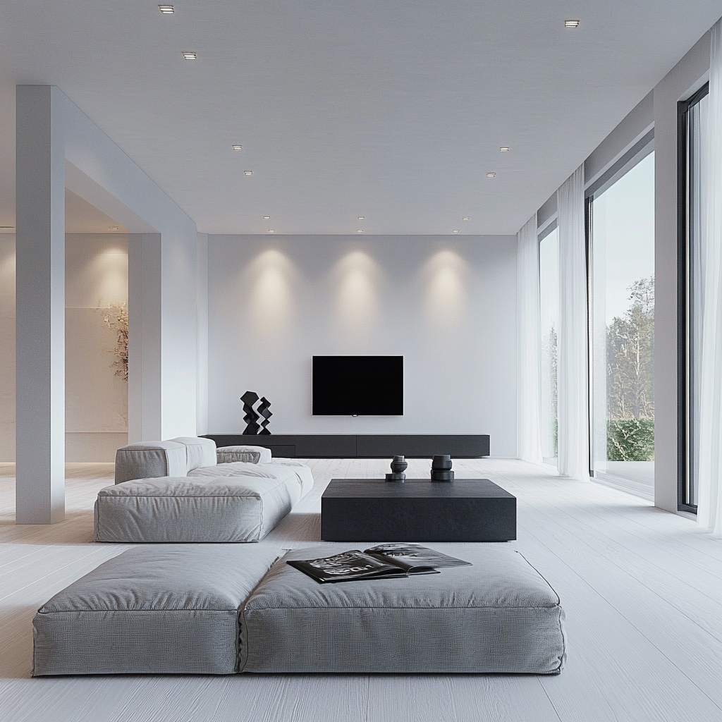 Modern minimalist living room with monochromatic color palette, light gray sectional sofa, sleek black media console, and floor-to-ceiling windows draped in sheer white curtains. Room features natural light and dimmable recessed lighting with subtle stainless steel accents and an abstract black sculpture.