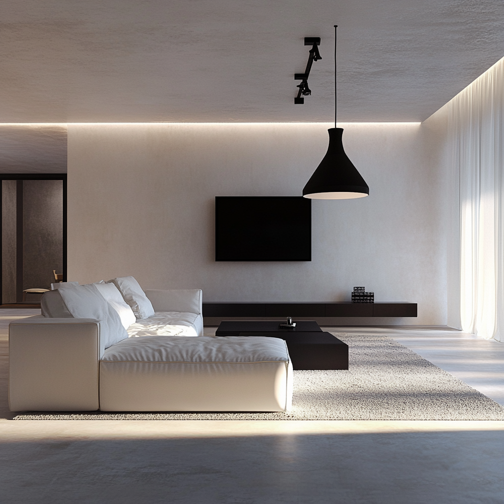 Modern minimalist living room with white and grey decor, modular white sofa, matte-black coffee table, floor-to-ceiling drapery, sculptural pendant light, and abstract art, all bathed in natural light.