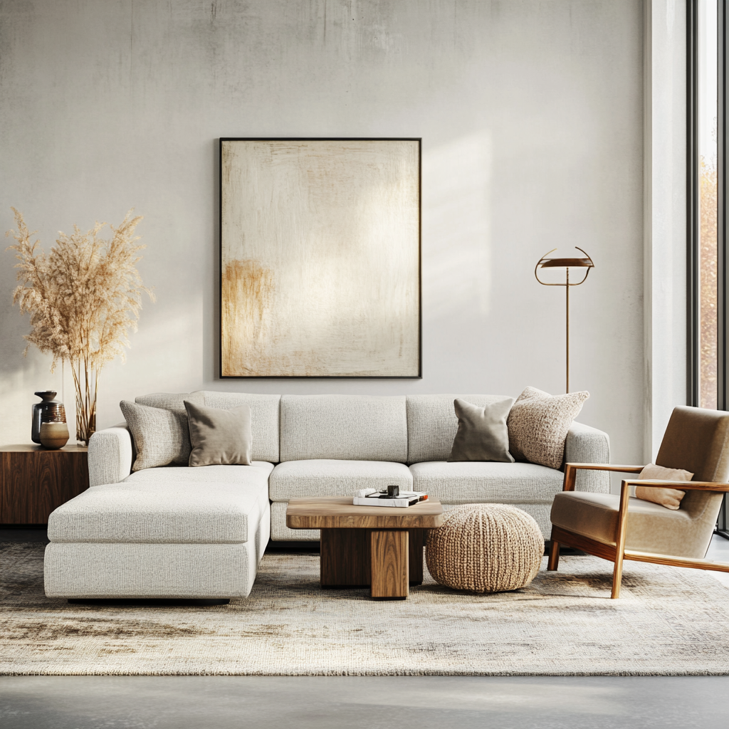 Modern living room in 2024 with a minimalist style. It features a textured light gray sectional sofa, a mid-century modern armchair with a velvet cushion, a sleek media console, floor-to-ceiling windows, and natural wood accents, all anchored by an abstract area rug. A bold contemporary art piece is mounted above the sofa.