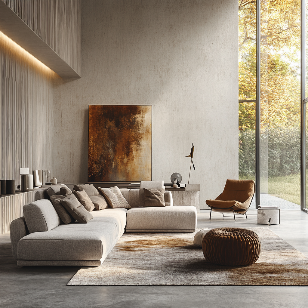 Modern living room featuring a light gray sectional sofa, mid-century armchair, abstract area rug, polished concrete floor, and ample natural light from floor-to-ceiling windows, accented by a sculptural floor lamp and a bold contemporary art piece above the sofa.