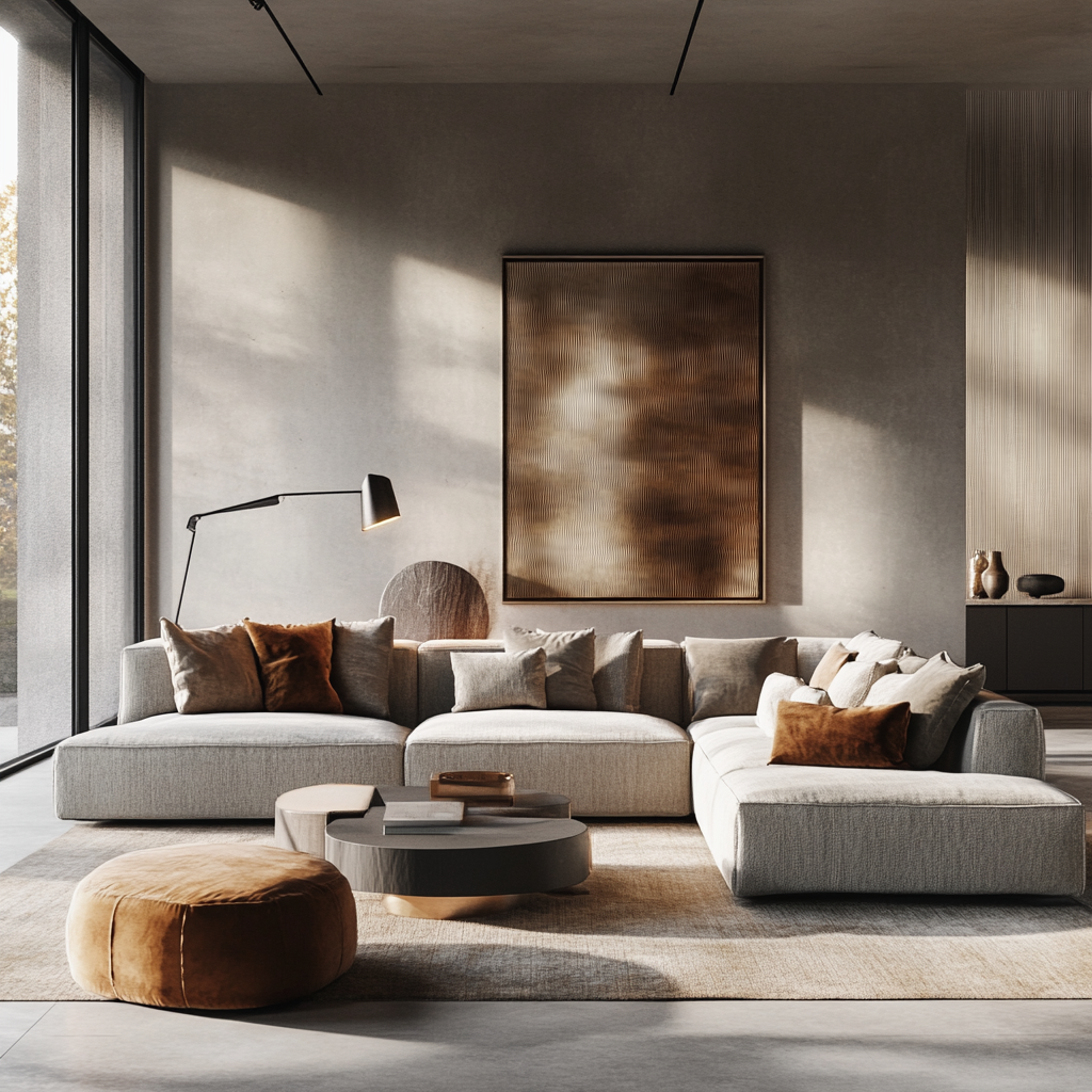 Photorealistic modern living room in minimalist style with textured light gray sectional sofa, mid-century armchair with velvet cushion, large abstract rug on polished concrete floor, floor-to-ceiling windows, and sculptural floor lamp beside the armchair. Natural light accompanied by recessed ceiling lights highlights the various textures and materials, including wood accents, glass, and steel. A contemporary art piece above the sofa adds a vibrant focal point to the room.