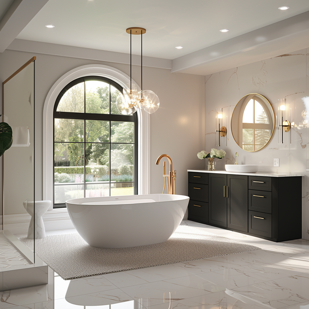 Photorealistic image of a modern, minimalist luxurious bathroom featuring a freestanding sculptural bathtub under a bay window, wall-mounted vanity with integrated sinks, glass-enclosed shower, white marble walls and floors, matte black fixtures with gold accents, and a green living wall.