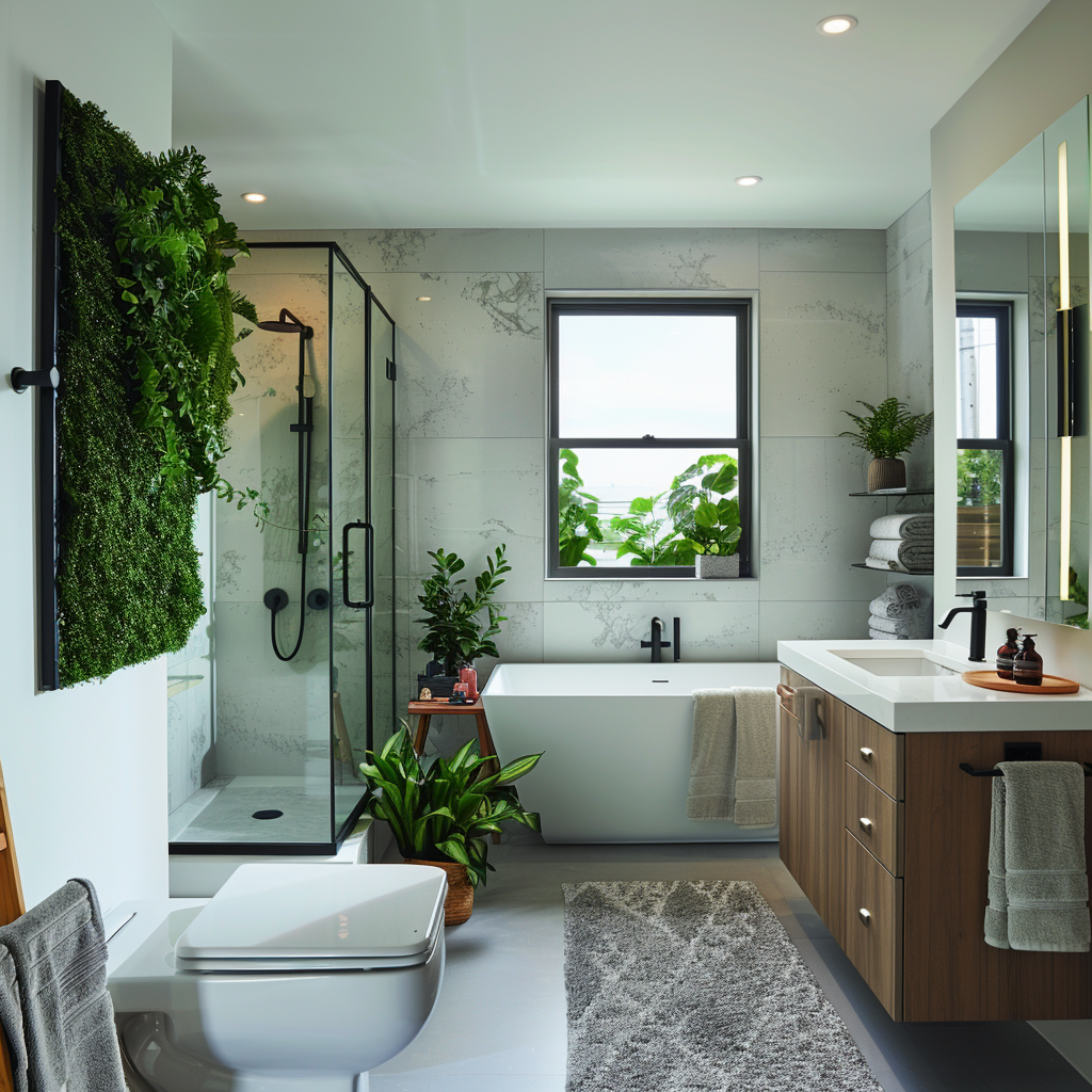 Photorealistic modern minimalist bathroom in white and gray tones with a sleek freestanding bathtub, floating vanity, and frameless glass shower. Features include a vertical garden wall, designer towel warmer, and high-end faucets, blending luxury and affordability.