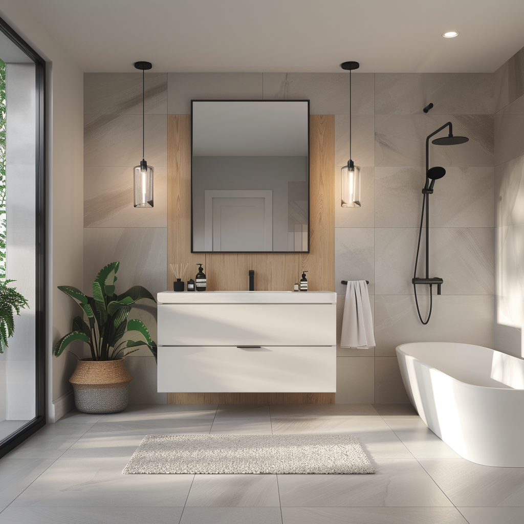 Luxurious modern minimalist bathroom with sleek white vanity, frameless mirror, frosted glass pendant lights, brushed gold faucets and handles, large-format gray porcelain tiles, teak wood shower mat, and a potted fern.