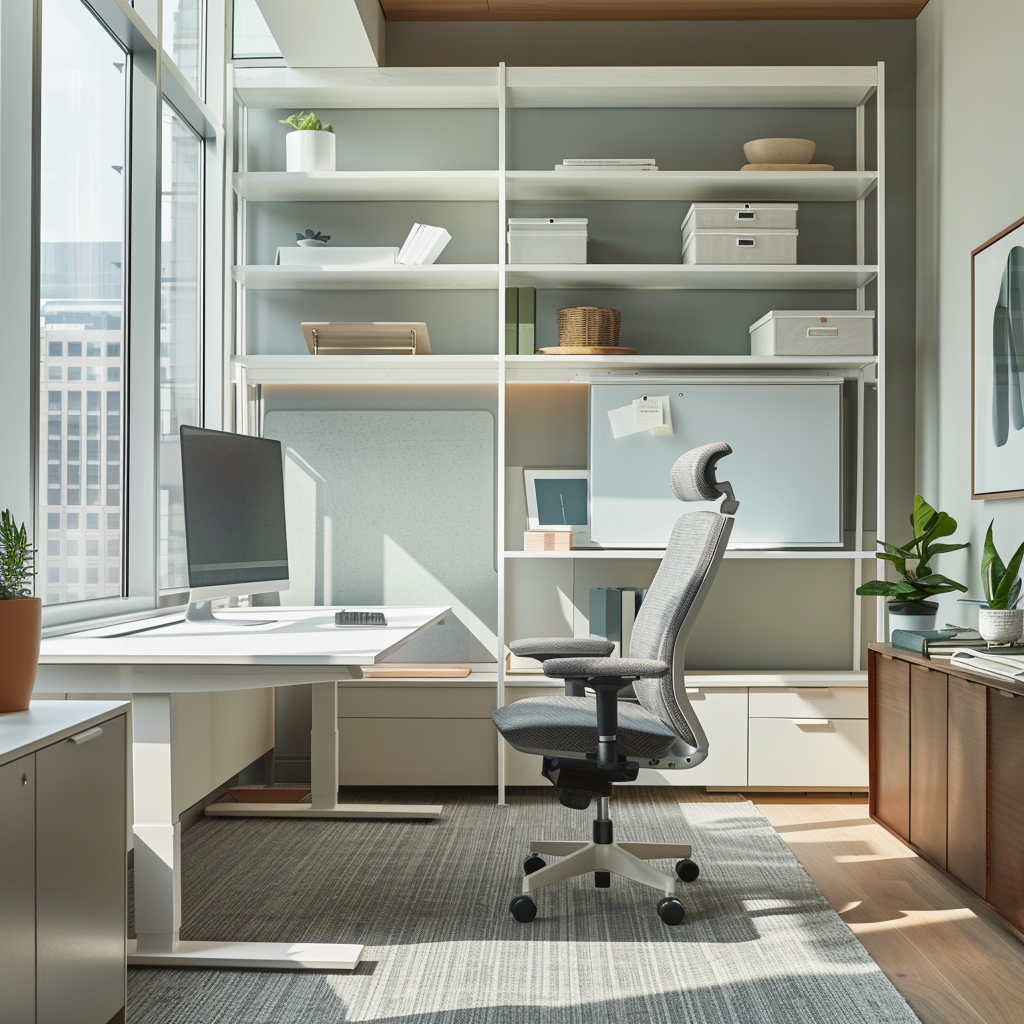 A modern minimalist office with a white standing desk, ergonomic gray chair, wall-mounted shelves, modular storage cubes, and abundant natural light, captured in a high-resolution photorealistic image.