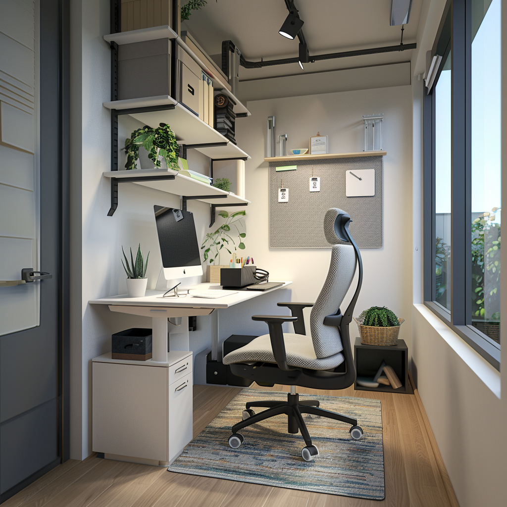 A modern minimalist office space with a white standing desk, charcoal gray ergonomic chair, wall-mounted shelving, and modular storage cubes under a windowsill. The room features abundant natural light, LED task lamps, a plush wool rug, and a floating magnetic board.